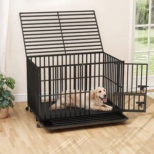 DWVO Heavy Duty Dog Crate, 47 Inch Escape-Proof Dog Cage Indoor Kennel for Medium Large Dogs with Lockable Wheels, 3-Door Design, High Anxiety Dog Crate with Removable Crate Trays