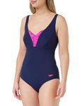 Speedo Women's Shaping Printed OpusGem DD+ 1 Piece Swimsuit | Shapewear | Beach and Holiday Swimwear, Black/Pure Blue/Bloominous Pink/Cupid Coral, 42
