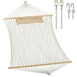 JoyView Traditional Rope Double Hammock - Hand Woven Cotton Hammock with Hardwood Spreader Bar and Pillow 450lb Capacity 2 Person Hammock for Outdoor Indoor Patio Yard - Natural