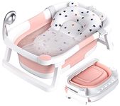 Rabb 1st Baby Bathtub Foldable，Baby Bath Essentials Baby Bathtub Newborn to Toddler Portable Travel Multifunctional Baby Bath Tub with Non-Slip Mat, Drain Hole.(No Thermometer)(Pink + Bath Mat)