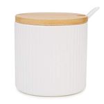 Ceramic Sugar Bowl, Chase Chic Porcelain Sugar Bowl with Wooden Lid and Porcelain Spoon 8.4oz/250ml in Stripe Shape, Suit for Coffee Bar, Kitchen and Home Breakfast,Matte White