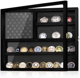 MOCAS Challenge Coin Display Case, Lockable Military Coin Holder Cabinet with Removable Star Board & HD Tempered Glass Door, Solid Wood Wall Mount Coins Collection Rack Stand, Black