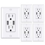 [5 Pack] BESTTEN 4.8A Ultra Slim USB Wall Receptacle Outlet, Dual High Speed Electrical Outlet with USB Ports, 15 Amp USB Receptacle with Tamper-Resistant, Self-Grounding, cUL Listed, White