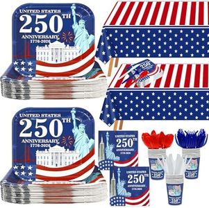 170 Pcs 250th Anniversary 4th of July Decorations American Flag Patriotic Party Supplies Serve 24, 4th of July Plates Napkins Cups Knives Forks Spoons Tablecloths for Memorial Independence Day