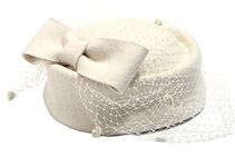 Pillbox Hat Fascinator Beret Wedding Party Top Hat Church Wool Hat for Women, Ivory, One Size