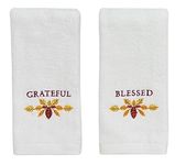 Serafina Home Decorative Harvest Fingertip Towels: Embroidered Golden Wheat with Grateful and Blessed on Plush Ivory White, 2 Piece Set, 11" x 18" Inch (Thankful)