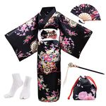 PLULON 5Pcs Japanese Robe Geisha Yukata Dress Blossom Satin Bathrobe with Drawstring Bag Hand Fan Hairpin Tabi Socks Set for Women