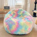 XeGe Faux Fur Bean Bag Cover for Living Room(No Filler), Tie Dye Fluffy Stuffed Animal Storage Bean Bag Cover, Furry Fuzzy Big Gaming Bean Bag Cover for Adults Teens Kids Girls, Anti-Slip, Rainbow