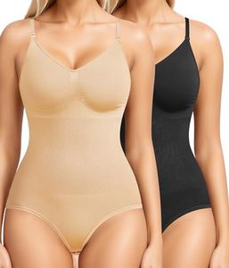 BRABIC Womens' Seamless Sleeveless V-Neck Bodysuit Shapewear Tummy Control, Breif Black+beige, Medium-Large