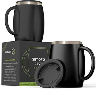 Stainless Steel Insulated Coffee Mugs Set of 2 (14oz) - Double Wall Coffee Cups with Spill Resistant Lid & Strong Handle - Portable Shatterproof Tumblers for Cold Drinks & Hot Beverages 14 oz Black