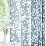 White Blue Curtains for Living Room 84" Length Leaf Print Semi-Sheer Curtains for Kitchen Windows, Grommet Top, 2 Pack