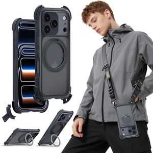 MAGEASY Odyssey Ultra MagSafe 360° Magnetic Stand iPhone 17 Pro 6.3” Crossbody Case with Strap for Men, 25ft Shockproof TPU + Aluminum Frame, Interchangeable Lanyard Eyelets (Midnight w/Kickstand)