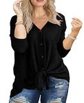 OLRIK Plus Size Tops for Women Tie Front Button Down Long Sleeve Shirts Waffle Knit Tunic 2024 Black-4X