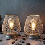 JHY DESIGN Set of 2 Metal Cage Bedside Lamps Battery Powered, Vintage Cordless Table Lamp LED Light for Living Room Bedroom Home Weddings Balcony Party Lounge Indoor Hallway Garden(Silver-Gold)