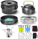 Odoland Camping Cookware Set with Foldable Stove, Non Stick Pot Pan Kettle Set with Stainless Steel Cups Plates Forks Knives Spoons for Outdoor Cooking and Picnic - Camping Cutlery Set Suit 2 People