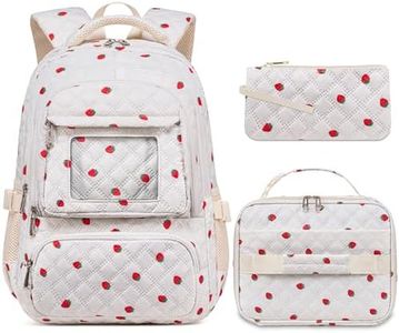 AYoXin Beige Strawberry Backpack with Lunch Box for Girls Teens Kids for Age 6-8 8-10 10-12 Kawaii School Bag for Middle High School Primary Elementary Bookbag Mochila Para Niñas