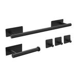 Ibergrif 5pcs Bathroom Accessories Set, Black Toilet Roll Holder, Towel Rail, Hook, Wall Mounted or Self Adhesive, No Drilling M34452B