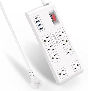 BESTEK 8 AC Outlet, 12 Feet Extension Cord Power Strip with 3 USB-A 2.4A 1USB-C 3A, MAX Output 1625W 13A, 600Joule, Ultra-Compact Wide Spaced Outlet for Large Plug