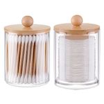 WACAR 2 Pack Qtip Holder, Apothecary Jars with Lids, 10oz Acrylic Jar Q tip Dispenser Bathroom Storage Jars for Cotton Ball, Cotton Swab, Cotton Round Pads, Bathroom Vanity Organizer