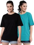 FUNDAY FASHION Cotton Half Sleeve Printed Oversized T-Shirt for Womens/Girls (Pack of 2) (XX-Large, Black & Cool Blue)