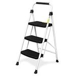 HBTower 3 Step Ladder, Folding Step Stool with Unique Snap-Lock Design, 500 lb. Capacity Sturdy Steel Ladder, Lightweight, Portable Steel Step Stool with Handle, White