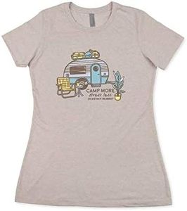 Camco Life is Better at The Campsite Crew Neck Short Sleeve T-Shirt | Features Soft Jersey Fabric, Camp More Stress Less RV Design on Sand Color, and is Machine Washable | Small (53425)