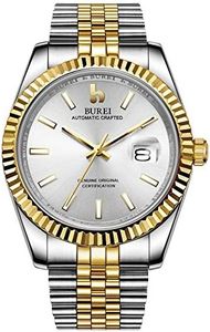 BUREI Orologio automatico da uomo Movimento al quarzo giapponese Cassa in vetro zaffiro sintetico Cassa e cinturino in acciaio