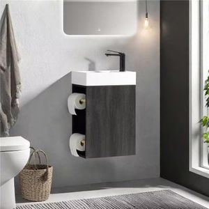 JINDOLI 16“ Bathroom Vanity Sink Combo for Small Space, Modern Wall Mounted Small Bathroom Vanity with Sink, Small Bathroom Sink Cabinet Set with 2 Toilet Paper Holders, Black Wallnut