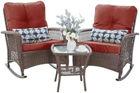VONZOY Patio Furniture Set 3 Pieces, Rocking Bistro Set with Thick Cushions, Brown Wicker Outdoor Rocker Chairs and Coffee Table for Porch, Backyard or Garden (Red)