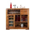 Angel Furniture Solid Sheesham Wine Rack with Glass and Bottle Storage (Walnut Finish)