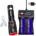 YIYUANIJI 18650 Handheld Flashlight, Compact Torch with 2PCS 18650 Rechargeable Battery and 2-Slot USB Charger, Waterproof, 3 Modes, Suitable for Fishing, Camping, Night Work Tools