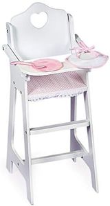 Badger Basket Doll High Chair for 18-Inch Dolls with Accessories – Wooden Pretend Play, Personalized, White/Pink Gingham