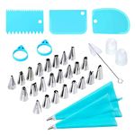 34PCS Cake Decorating Supplies Kit Stainless Steel Tips and Piping Bags with Icing Scraper Pastry Bag Ties Reusable Coupler Send Cleaning Brush for DIY Cupcake Baking