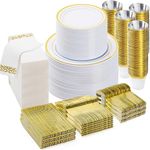 BESTVIP 700PCS Gold Disposable Dinnerware Set for 100 Guests, Plastic Plates for Party, Wedding, Include: 200 Plastic Plates, 100 Gold Silverware, 100 Cups, 100 Napkins