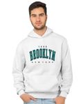 Earthstick Men's Full Sleeves Regular Fit Hooded Fleece Printed BROOKLYN Hooded Sweatshirt For Winter Wear (L, White)