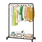 Simple Trending Standard Clothes Clothing Garment Rack with Storage Shelves, Rolling Clothes Organizer on Wheels for Hanging Clothes, Black, ST57776-B