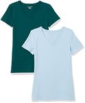 Amazon Essentials Women's Classic-fit Short-Sleeve V-Neck T-Shirt, 2-Pack Dark Green/Powder Blue, Large