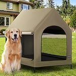 Petsfit 36 Inch Elevated Pet Dog House, Portable Large Dog House with Removable Cover for Indoor and Outdoor, Waterproof Raised Dog Houses for Large Dogs Outside, Featuring Elevated Dog Bed, Brown