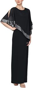 S.L. Fashions Women's Long Capelet Dress with Metallic Trim, Black Silver, 20