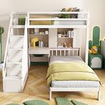 BTM Loft Bed, 3FT-90 * 190cm Single Bunk Bed with Desk & Shelves & Stairs & Slatted Frame, Bunk Bed with Storage for Kids