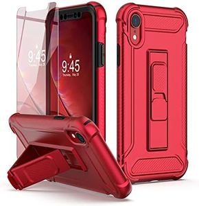 ORETECH Compatible with iPhone XR Case, with [2 x Tempered Glass Screen Protectors] [Heavy Duty Protection] [Kickstand & Phone Holder] 5 in 1 Full Body Shockproof Protective Cover for iPhone Xr - Red