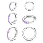 925 Sterling Silver Post Small Hoop Earrings Purple Cubic Zirconia Huggie Hoop Earrings,3 Pairs 14K White Gold Plated Cartilage Piercing Earrings Ear Cuff Tiny Hoop Earrings for Women Men 8mm 10mm 12mm, Brass, Cubic Zirconia