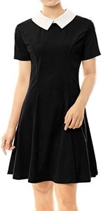 Allegra K Women's Contrast Doll Collar Short Sleeves Above Knee Flare Dress Black Medium