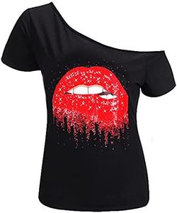 MAGICMK Women’s Short Lips Print Causal Off The Shoulder Plus Size T-Shirt Tops, Black+star, 5X-Large