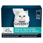 GOURMET Perle Mini Fillets in Gravy Ocean Delicacies (Salmon,Tuna,OceanFish,Plaice) Wet Cat Food Pouch 12x85g, Pack of 4