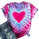 Love Heart T-Shirt for Women Love Graphic Valentines Shirts Tie Dye Short Sleeve Tee Tops, Tie Dye Purple, Medium