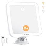 Auxmir 20X Magnifying Mirror with Lights, Rechargeable Makeup Mirror with Powerful Suction, 360° 3 Color Adjustable Lighted Mirror with Touch Sensor, 6.3In Countertop Desk Mirror for Bathroom, Shaving