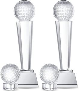 Libima 4 Pcs Golf Trophy 2 x 2.6 Inch Crystal Glass Trophy Award with Display Stand Base and Elegant Gift Box 9.1 x 2.8 Inch Golf Tournament Prizes Golf Ball Statue for Adults Sports Table Decor