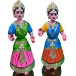 Handcrafted Indian Tanjore Dancing Dolls, Set of 2, Vibrant Hand-Painted Folk Art Figurines