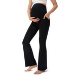 Minmaxmum Women's Maternity Pants Flare Leggings with Pockets for Women Maternity Yoga Pants/Maternity Work Pants, Black, X-Small